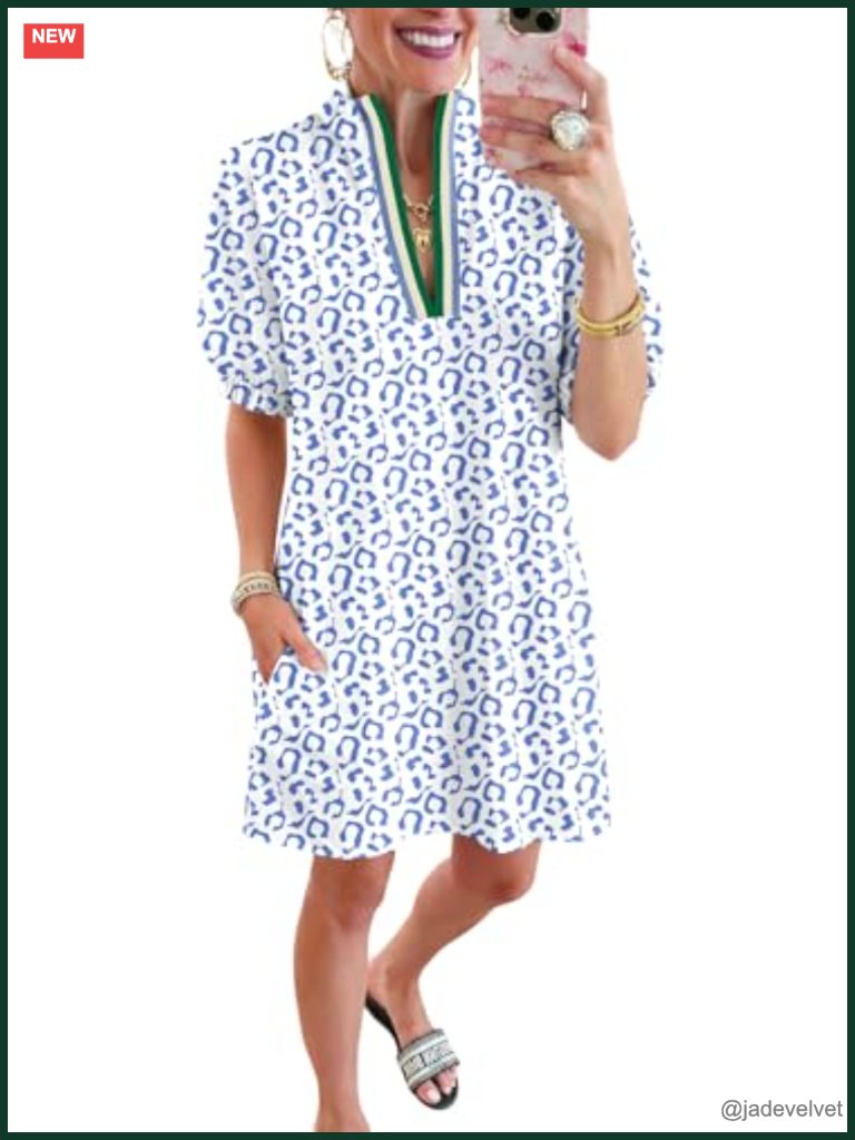 Women's Summer Casual Shift Dress V Neck Dolman Sleeve With Pockets Hawaiian